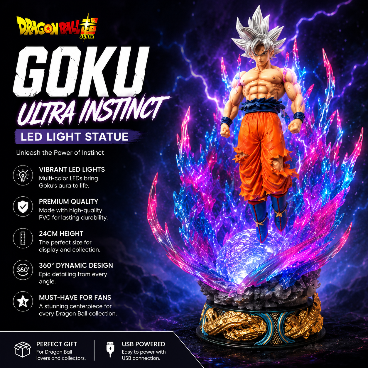 Goku Ultra Instinct LED Light Statue – 24cm Premium Anime Collectible