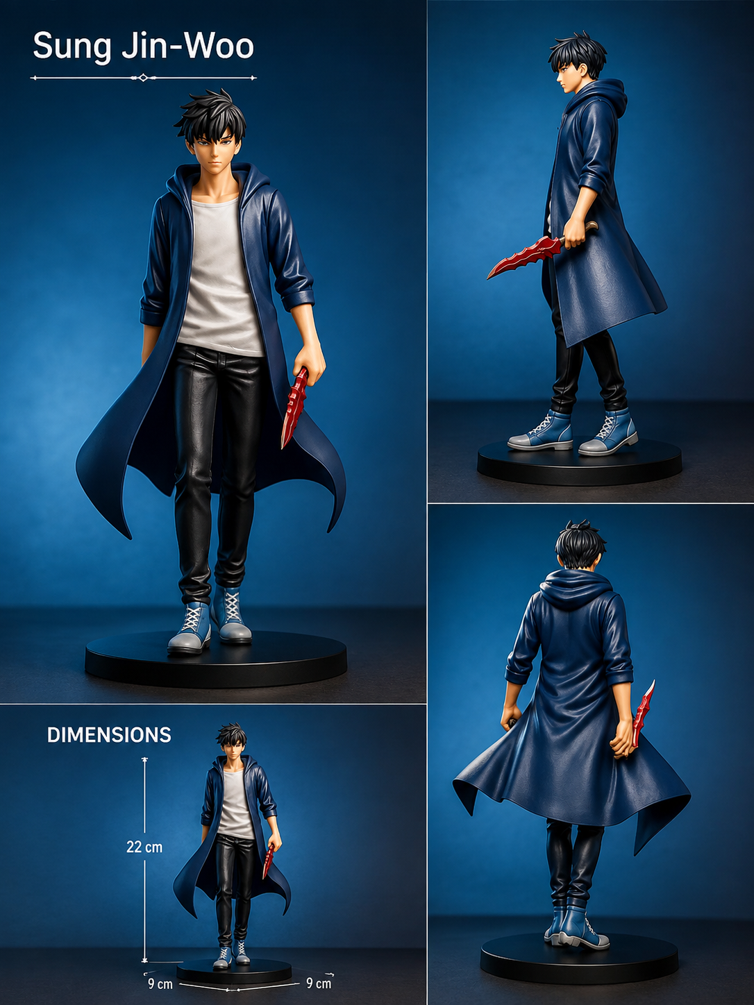 Sung Jin-Woo Solo Leveling Anime Figure with Dagger – Detailed Collectible Display Statue, 22 cm