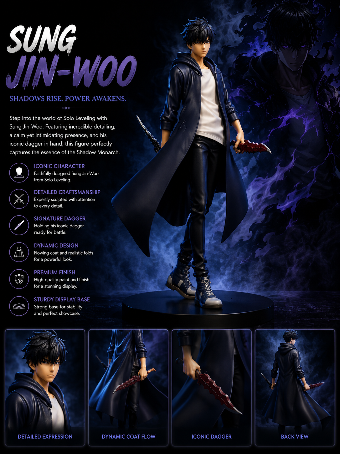 Sung Jin-Woo Solo Leveling Anime Figure with Dagger – Detailed Collectible Display Statue, 22 cm