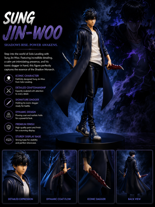 Sung Jin-Woo Solo Leveling Anime Figure with Dagger – Detailed Collectible Display Statue, 22 cm