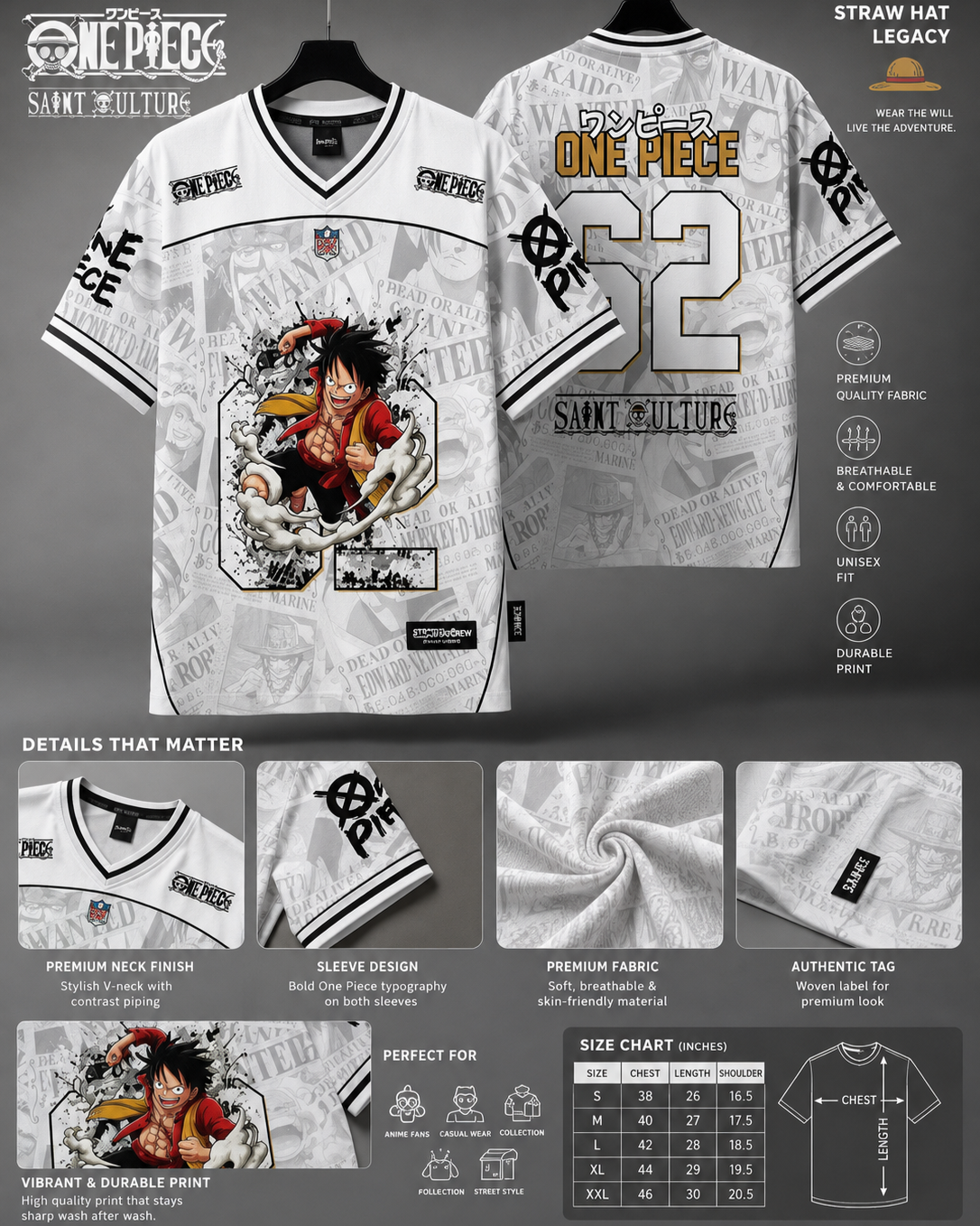One Piece Luffy 62 Graphic Jersey T-Shirt – Premium Polyester Anime Oversized Unisex Tee