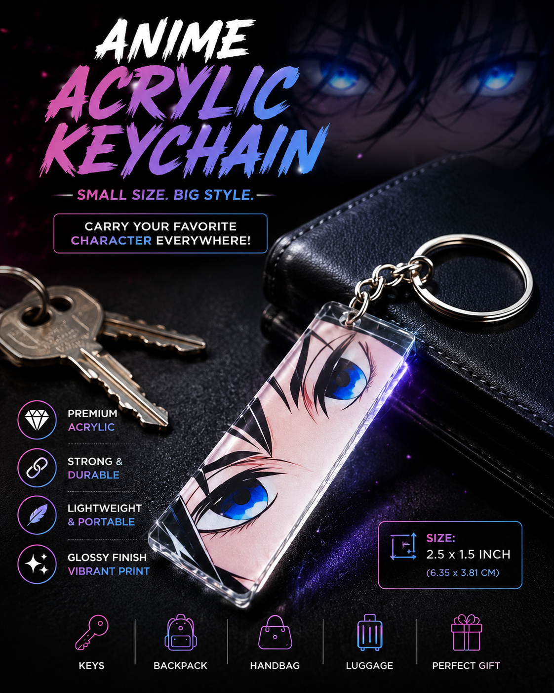 Anime Blue Eyes Acrylic Keychain – Glossy Anime Eye Key Ring