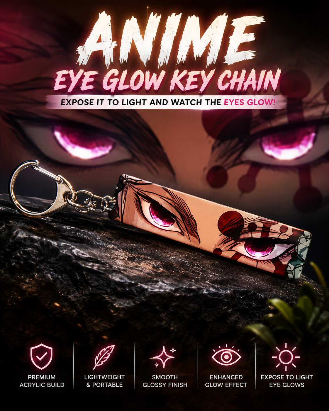 Demon Slayer Tengen Uzui Glowing Eyes Acrylic Keychain – Luminous Anime Key Ring for Bags & Keys