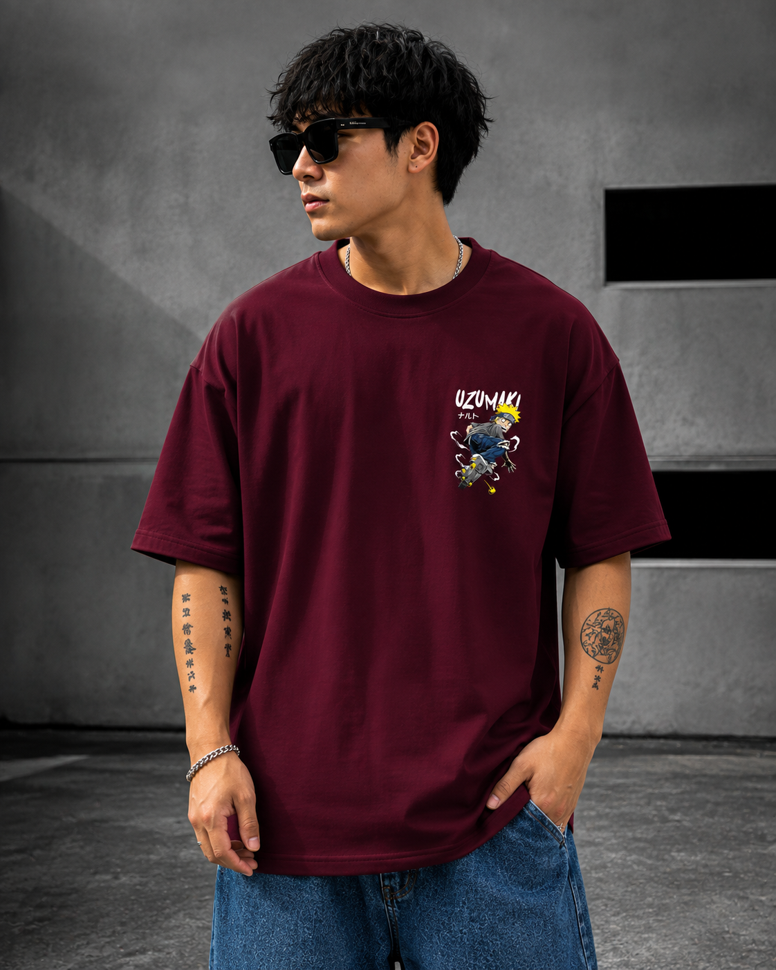 Naruto Uzumaki Oversized T-Shirt – Maroon Anime Streetwear Tee
