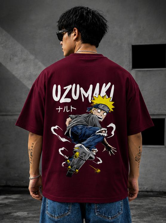 Naruto Uzumaki Oversized T-Shirt – Maroon Anime Streetwear Tee