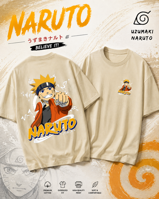 Naruto Oversized T-Shirt – Beige Anime Graphic Streetwear Tee