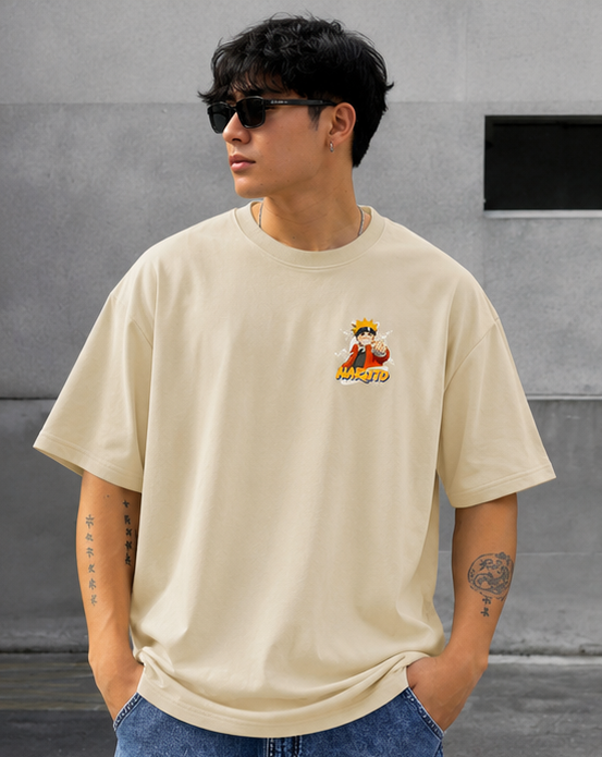 Naruto Oversized T-Shirt – Beige Anime Graphic Streetwear Tee