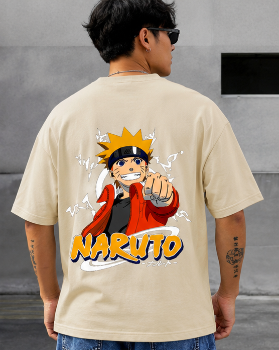 Naruto Oversized T-Shirt – Beige Anime Graphic Streetwear Tee