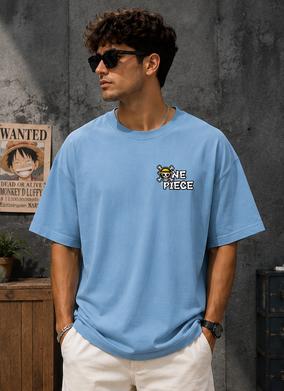 One Piece Luffy Oversized Graphic T-Shirt – Sky Blue