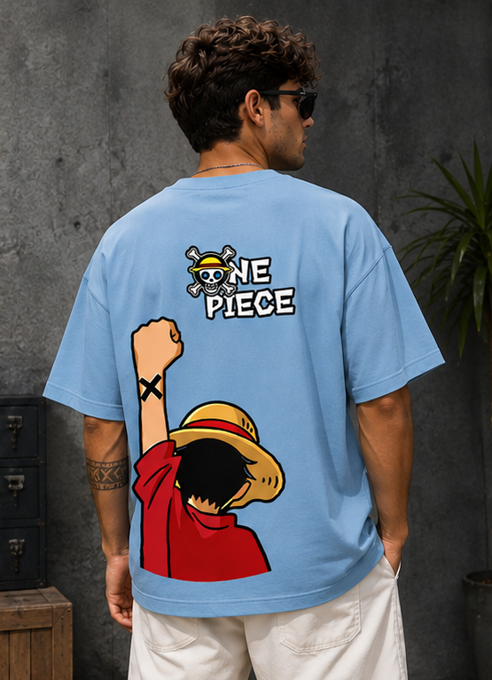 One Piece Luffy Oversized Graphic T-Shirt – Sky Blue