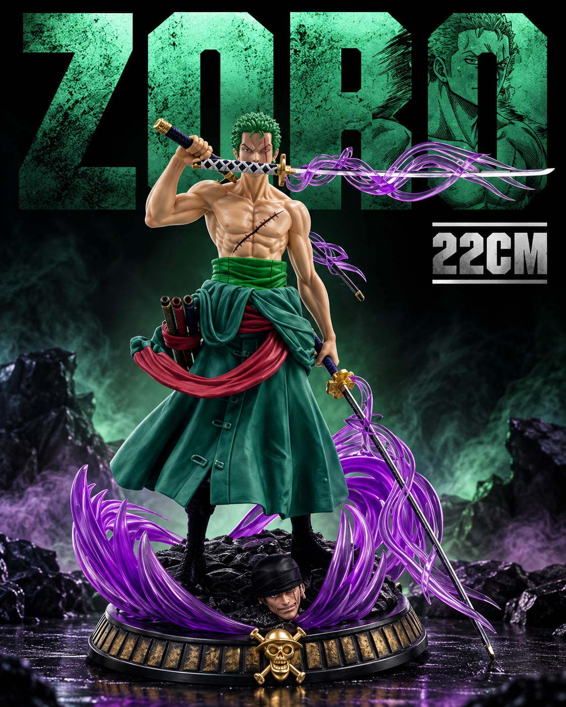 Roronoa Zoro Anime Action Figure with Purple Energy Effect – 22cm One Piece  PVC Collectible Statue