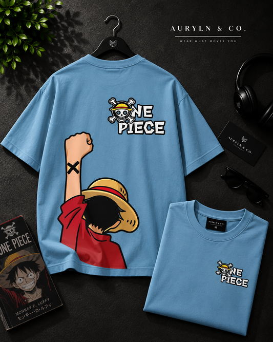 One Piece Luffy Oversized Graphic T-Shirt – Sky Blue